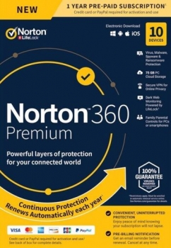 Norton 360 Premium, 75 ГБ — 10 устройств на 1 год (для всех регионов и стран)
